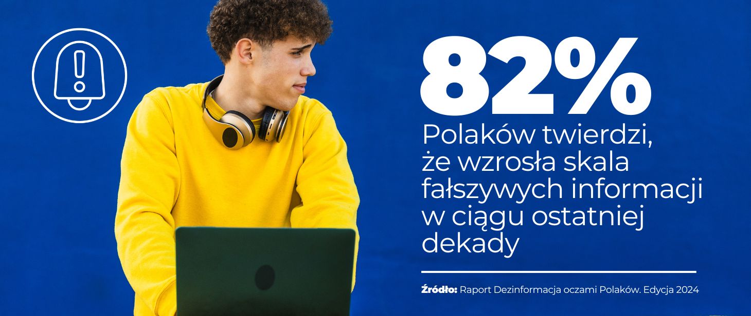 Na zdjęciu widnieje młody mężczyzna w żółtej bluzie przed ekranem laptopa. Po prawej stronie baneru widnieje napis: 82% Polaków twierdzi, że wzrosła skala fałszywych informacji w ciągu ostatniej dekady.