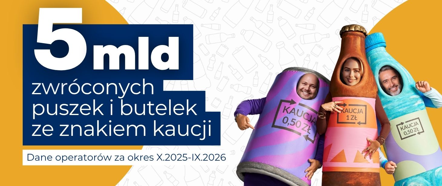 baner z napisem 5 mld zwróconych puszek i butelek ze znakiem kaucji. Dane operatorów za okres X.2025-IX.2026. Po prawej stronie widoczni są bohaterowie kampanii Zwrotomocni.