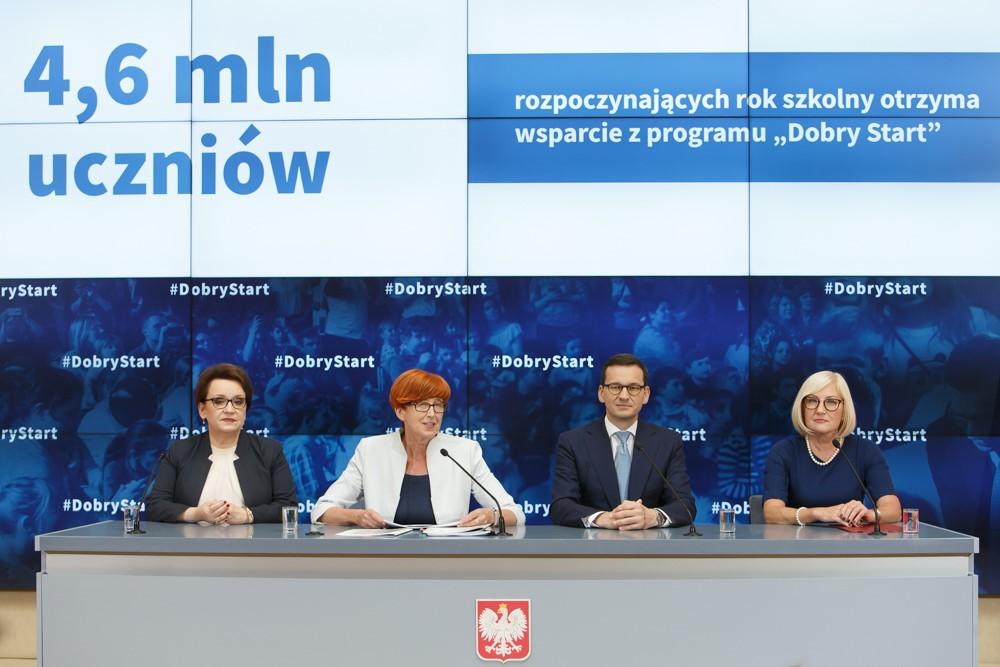 Minister Anna Zalewska, minister Elżbieta Rafalska, premier Mateusz Morawiecki, minister Joanna Kopcińska.