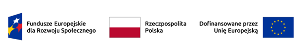 Trzy Logotypy związane z finansowaniem projektu od lewej strony Fundusze Europejskie dla Rozwoju Społecznego, barwy RP i napis Rzeczpospolita Polska, napis Dofinansowane przez Unię Europejską i flaga Unii Europejskiej