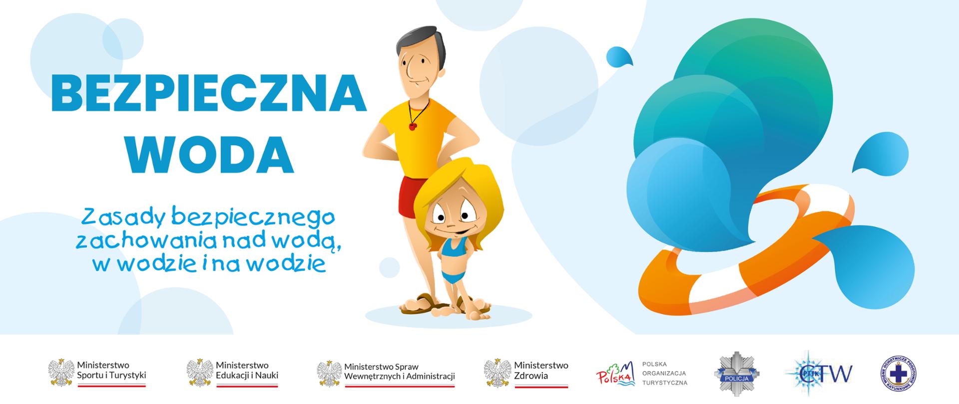 Grafika ma jasne tło, na którym widać po prawej stronie znajduje się koło ratunkowej a po lewej niebieski napis: Bezpieczna woda, zasady bezpiecznego zachowania nad wodą, w wodzie i na wodzie. W centralnej części grafiki są dwie animowane osoby, jedna reprezentuje ratownika wodnego a drugą jest dziewczynka w stroju kąpielowym. Na dole grafiki znajdują się logotypy organizacji kolejno od lewej: Ministerstwo Sportu i Turystyki, Ministerstwo Edukacji i Nauki, Ministerstwo Spraw Wewnętrznych i Administracji, Ministerstwo Zdrowia, Polska Organizacja Turystyczna, Policja, Centrum Turystyki Wodnej PTTK oraz Wodne Ochotnicze Pogotowie Ratownicze.