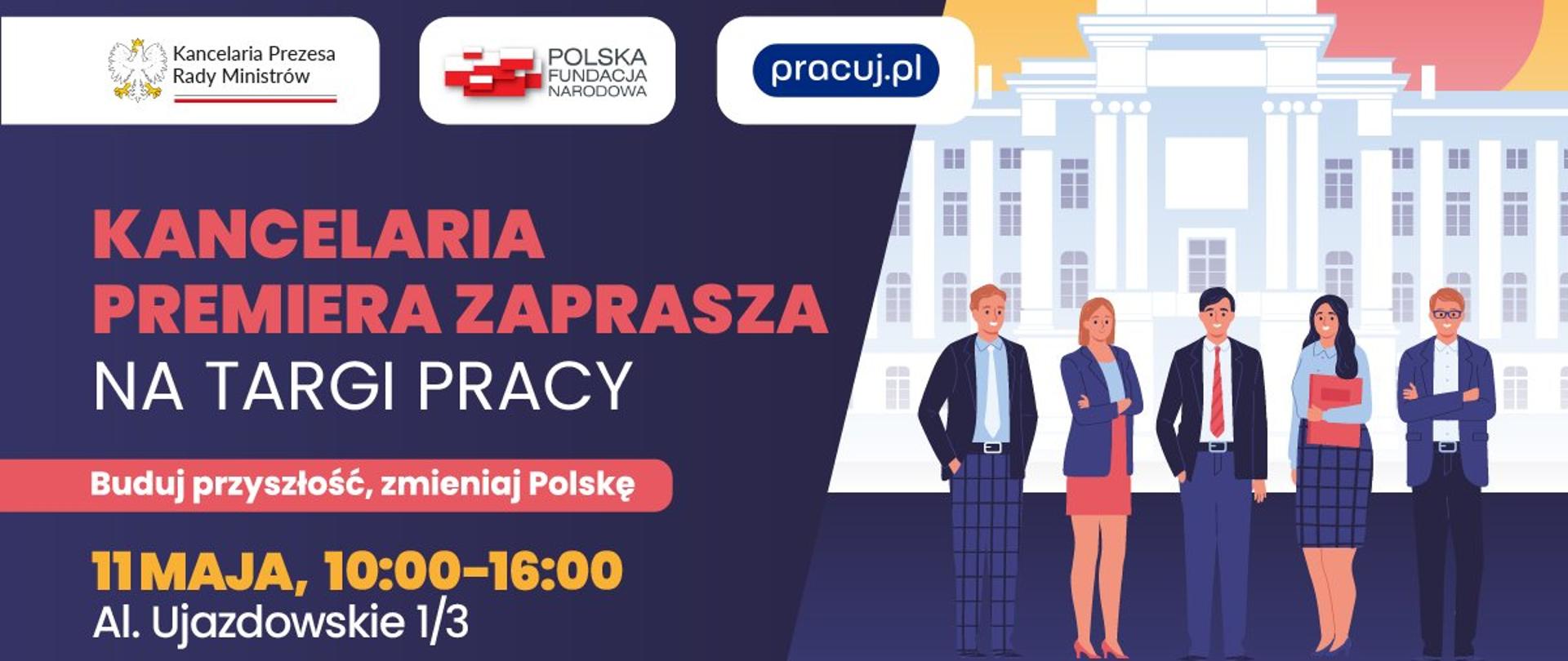 Grafika informacyjna dotycząca targów pracy w KPRM. Przedstawia 5 osób na tle gmachu Kancelarii Prezesa Rady Ministrów. Lewą część grafiki zajmują napisy informujące o wydarzeniu oraz logotypy KPRM, Polskiej Fundacji Narodowej oraz Pracuj.pl.