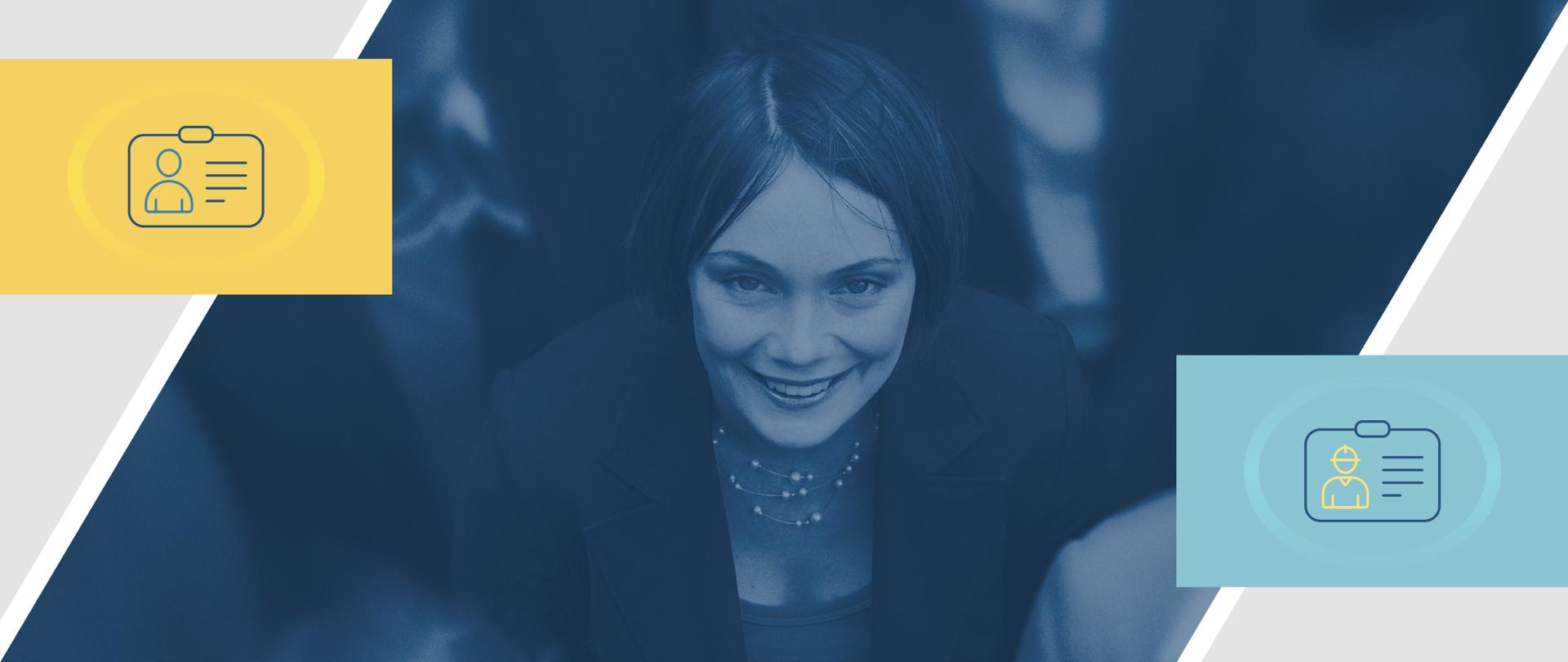 Uśmiechnięta kobieta, z lewej i prawej strony piktogramy przedstawiające dokument tożsamości.