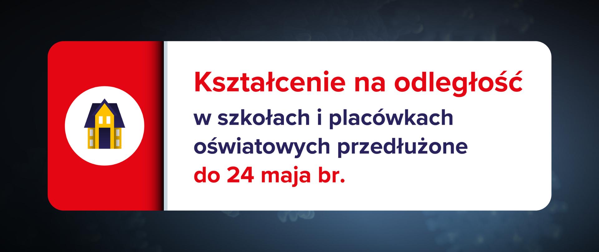 Grafika z tekstem: Kształcenie na odległość w szkołach i placówkach oświatowych przedłużone do 24 maja br.