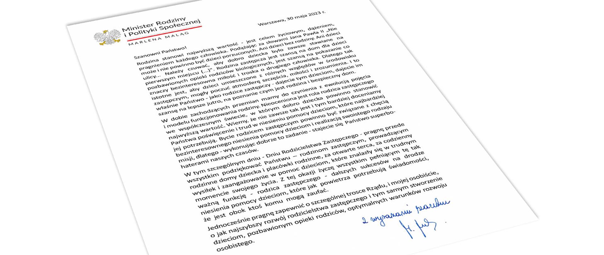 List z okazji Dnia Rodzicielstwa Zastępczego