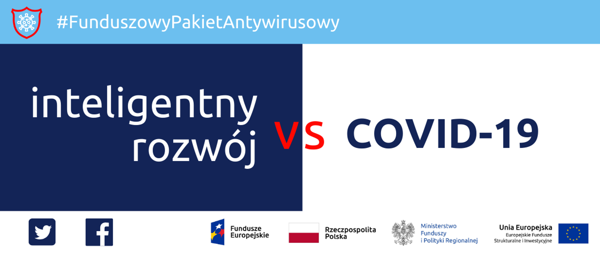 Napis: Funduszowy Pakiet Antykryzysowy: inteligentny rozwój versus covid-19. Na dole ikonki Facebooka oraz Twittera, logotypy Funduszy Europejskich i Ministerstwa Funduszy i Polityki Regionalnej, flaga Polski.