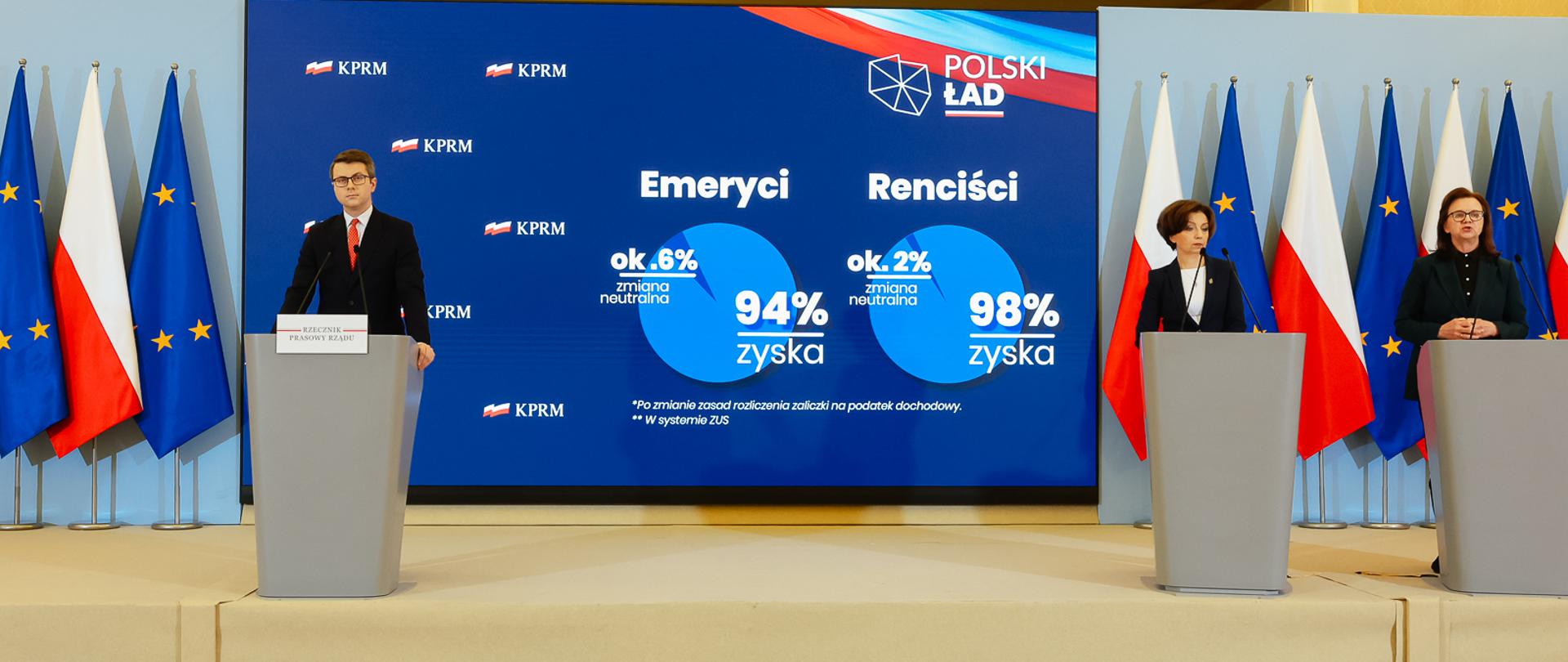 Piotr Muller, Marlena Maląg oraz Gertruda Uścińska podczas konferencji prasowej.