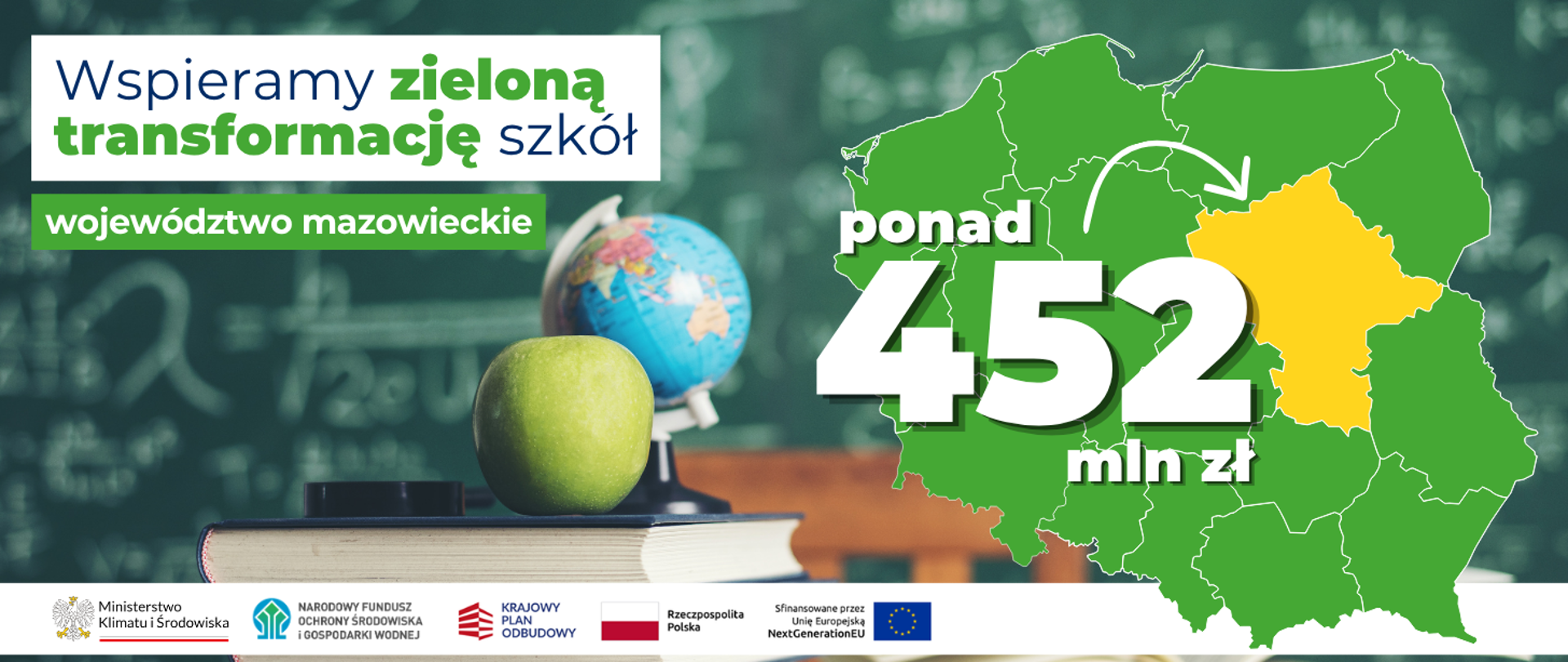 Wspieramy zieloną transformację szkół województwo mazowieckie. Po prawej stronie widoczna jest mapa Polski z zaznaczonym na żółto woj. mazowieckim i napisem ponad 452 mln zł.