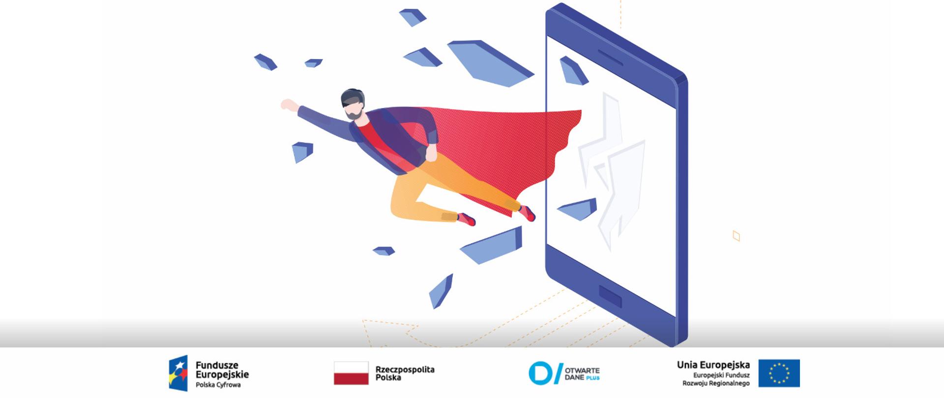 Grafika wektorowa na białym tle. Mężczyzna w czerwonej pelerynie (stylizowany na supermana) wylatuje ze smartfona, rozbijając jego ekran.