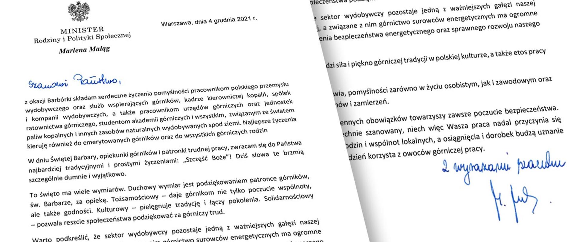Życzenia Minister Marleny Maląg z okazji Barbórki