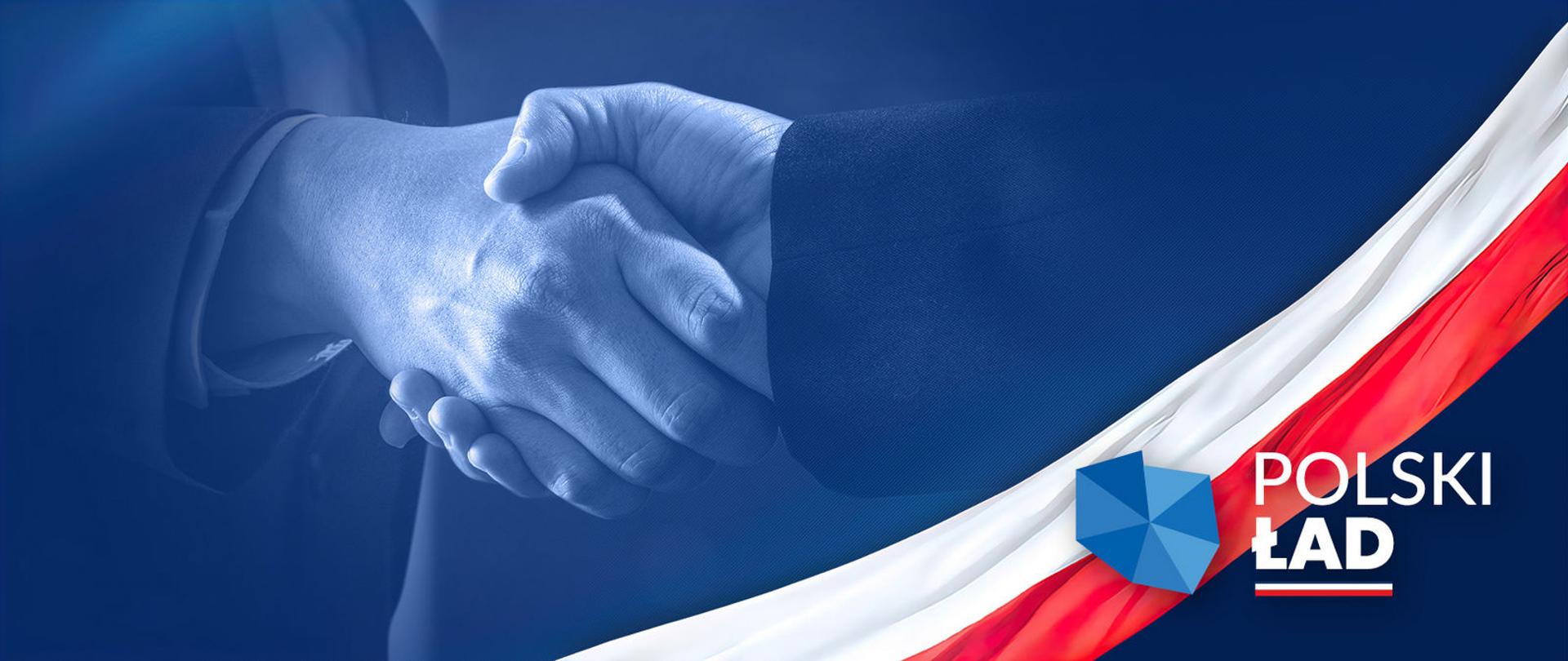 Uścisk dłoni, logo Polski Ład.