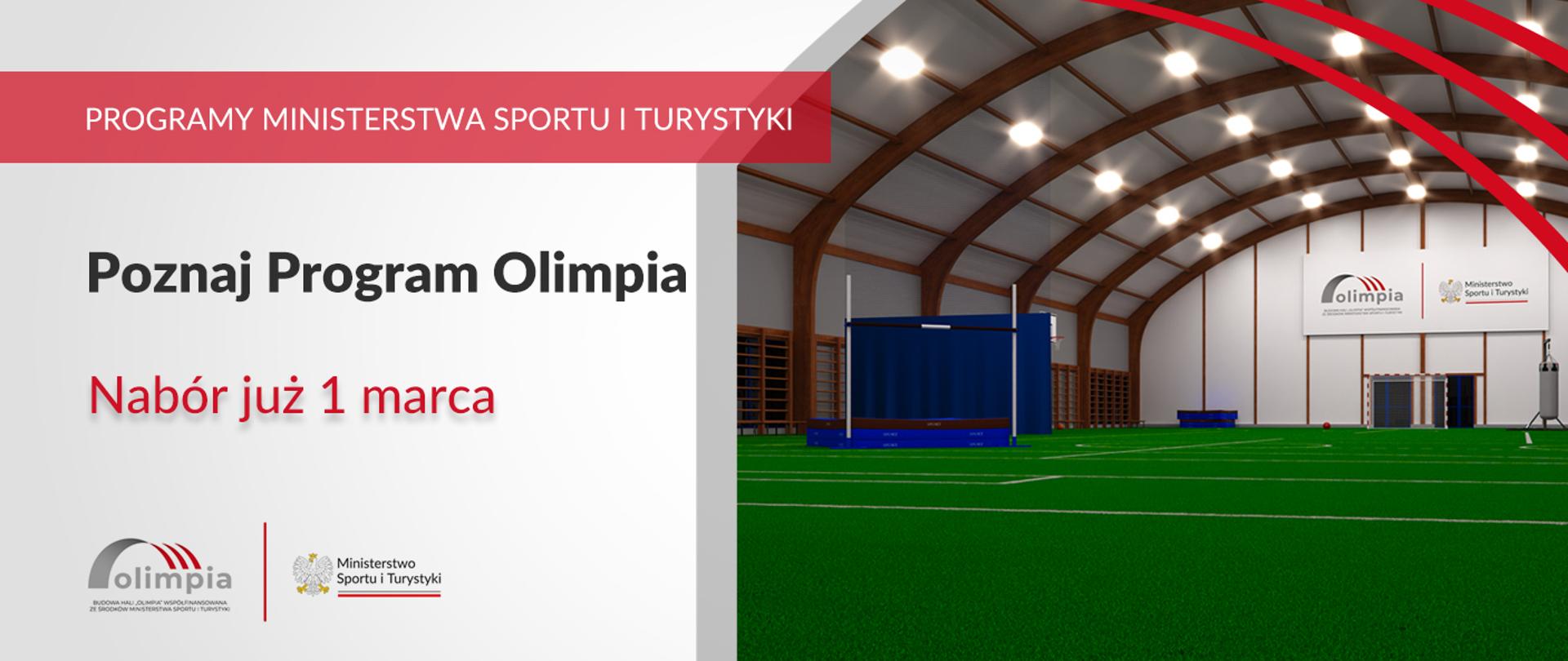 Grafika z wizualizacją hali sportowej oraz napisami: "Poznaj Program Olimpia. Nabór już 1 marca" oraz "Programy Ministerstwa Sportu i Turystyki".