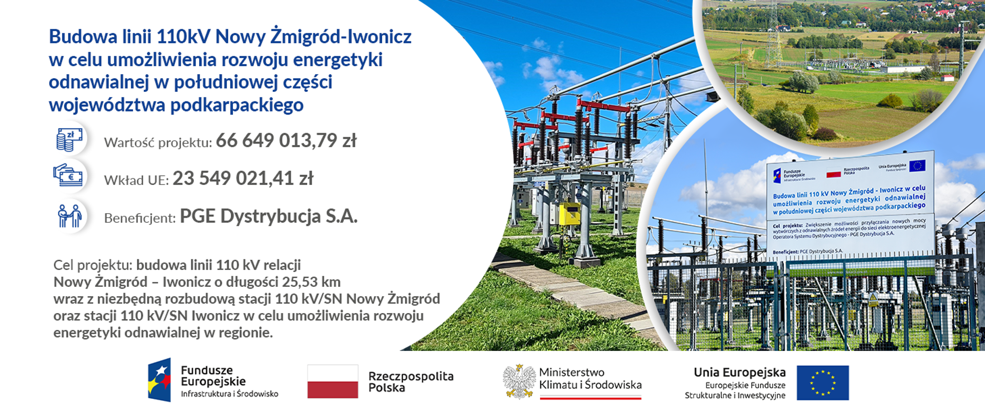Tytuł projektu: „Budowa linii 110kV Nowy Żmigród-Iwonicz w celu umożliwienia rozwoju energetyki odnawialnej w południowej części województwa podkarpackiego”.
Wartość projektu: 66 649 013,79 mln zł
Dofinansowanie z UE: 23 549 021,41 mln zł
