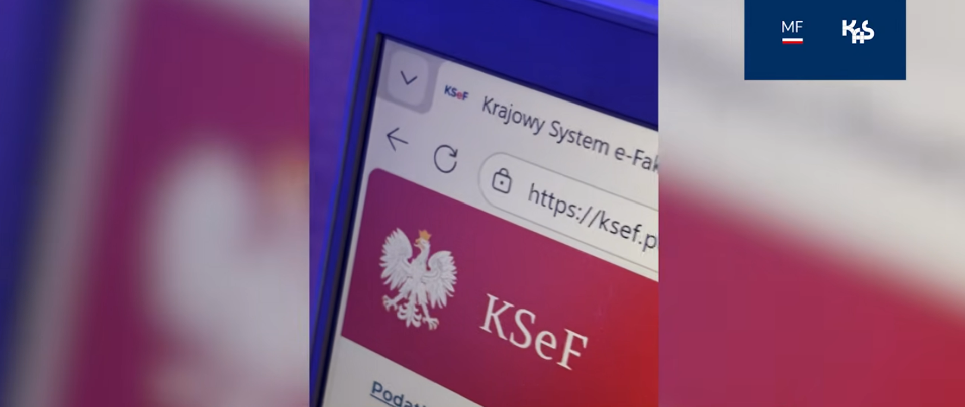 Zbliżenie ekranu urządzenia z widocznym interfejsem Krajowego Systemu e‑Faktur (KSeF).