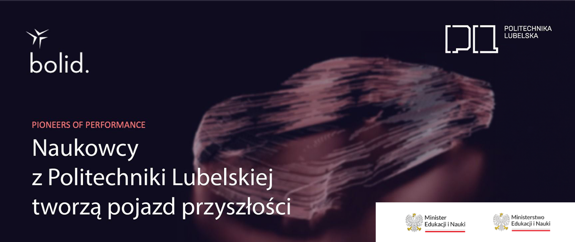 Kontur samochodu na czarnym tle i napis Naukowcy i studenci z Politechniki Lubelskiej tworzą pojazdy przyszłości