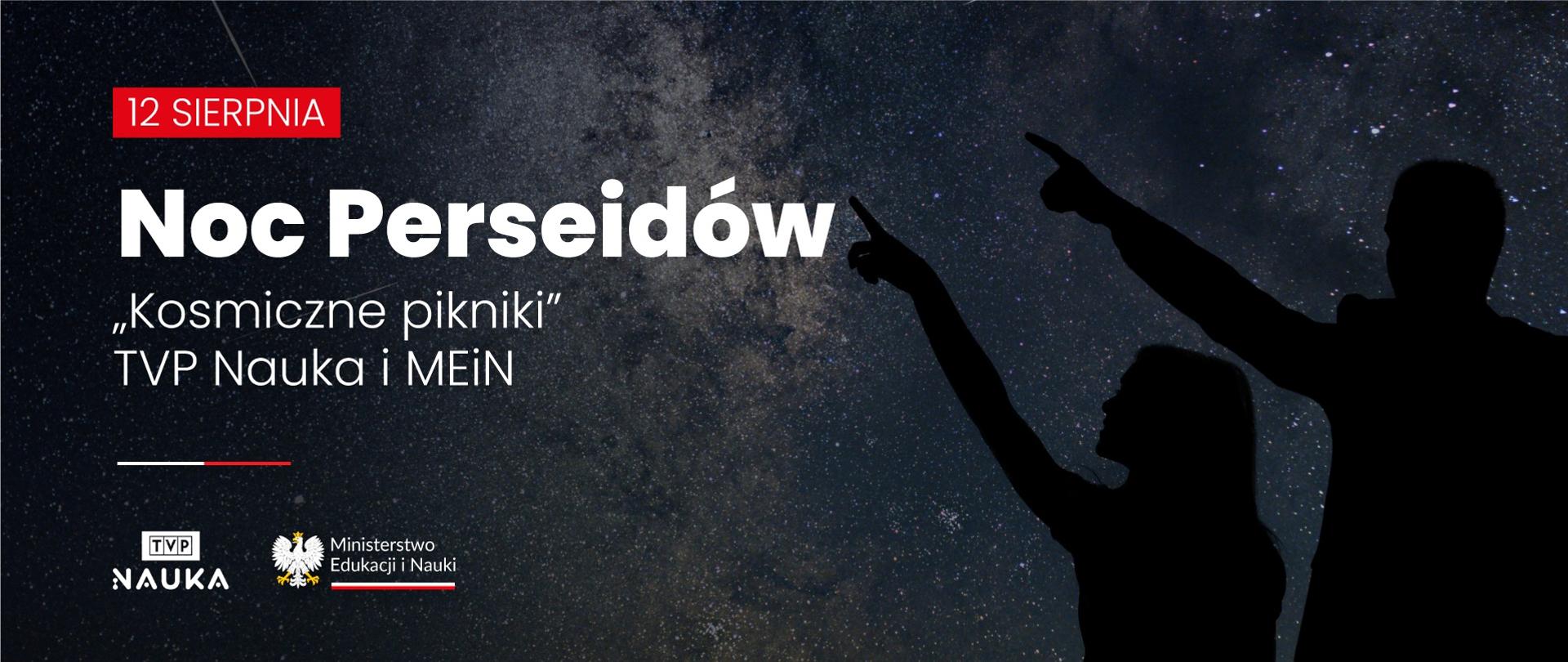 Sylwetki ludzi na tle rozgwieżdżonego nieba i napis Noc Perseidów - kosmiczne pikniki TVP Nauka i MEiN.
