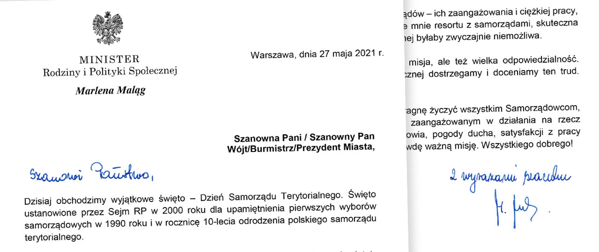 Życzenia minister Marleny Malag z okazji Dnia Samorządu Terytorialnego