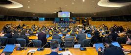 Sala obrad Komisji Rozwoju Regionalnego (REGI) Parlamentu Europejskiego, uczestnicy spotkania siedzą przy stołach, na górze widać ekran z minister Katarzyną Pełczyńską-Nałęcz 