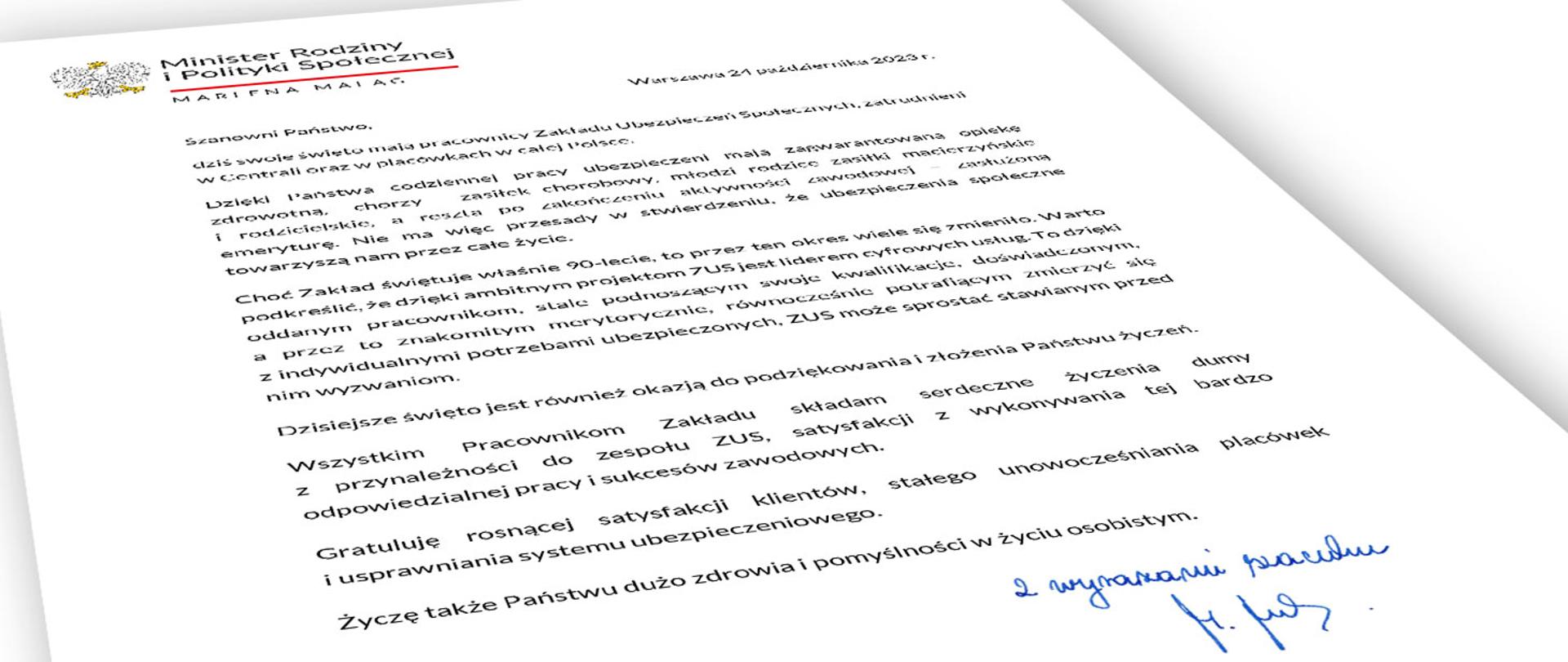 List Minister Marleny Maląg z okazji Dnia Pracownika ZUS