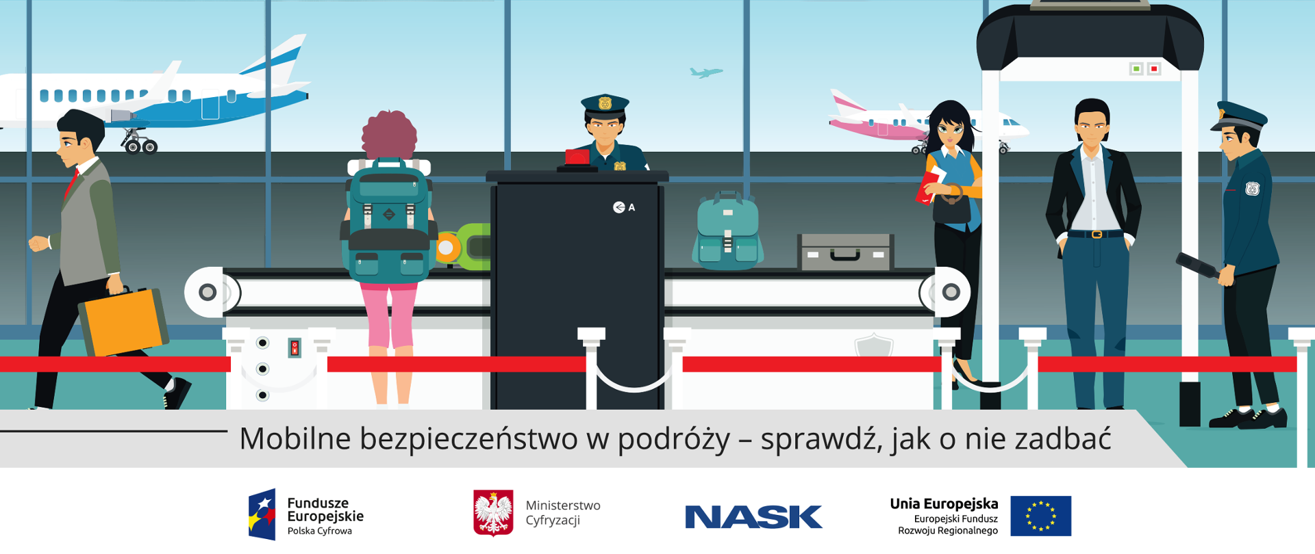 Terminal na lotnisku. Podróżni się odprawiają - grafika