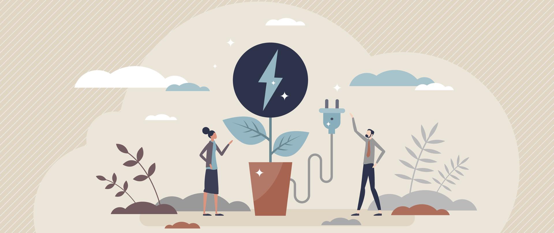 Biomass energy and green electricity power generation tiny person concept. Environmental friendly, renewable and fossil free source for sustainable and ecological nature resource vector illustration.