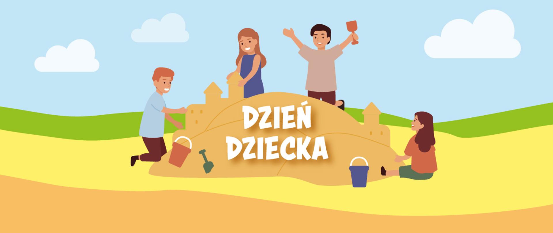 Grupka dzieci bawiących się na piasku. Budują zamek. Obok łopatka i dwa wiaderka.