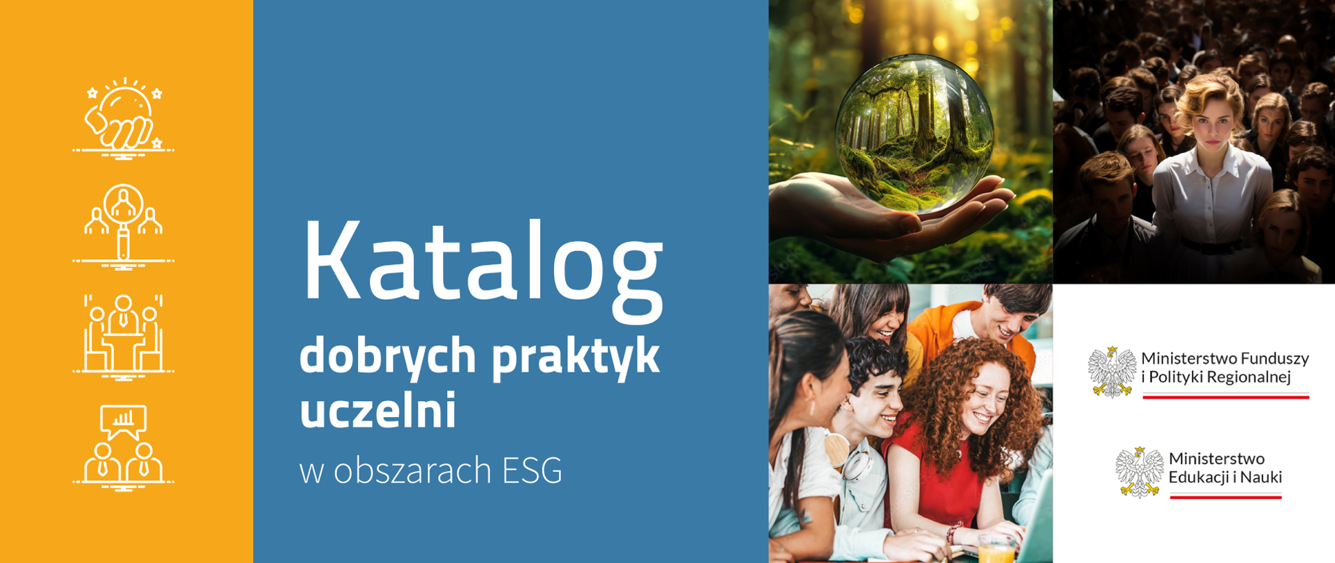 Grafika - na niebieskim tle napis: Katalog Dobrych Praktyk Uczelni w obszarach ESG.