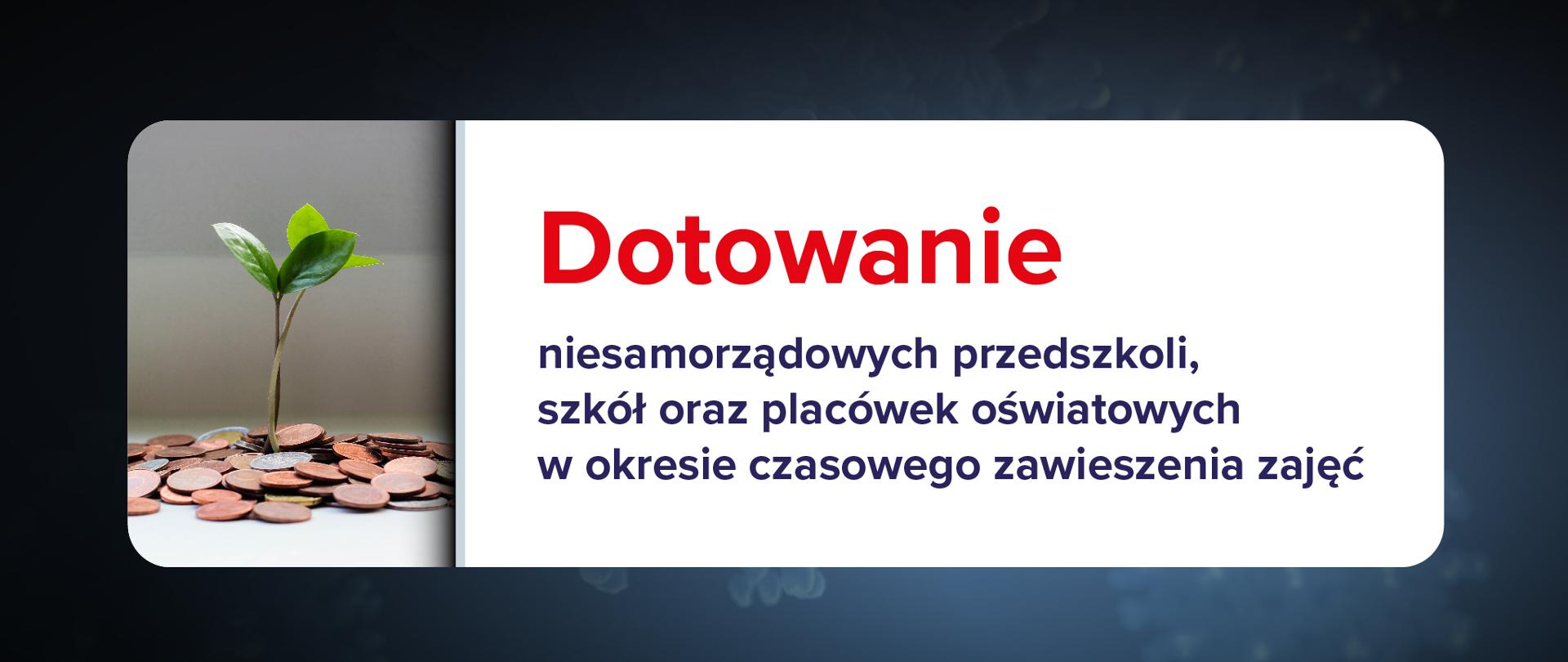 Grafika na ciemno-granatowym tle. Po lewej stronie fotografia rośliny wyrastającej z monet. Po prawo tekst na białym tle: Dotowanie niesamorządowych przedszkoli, szkół oraz placówek oświatowych w okresie zawieszenia zajęć.