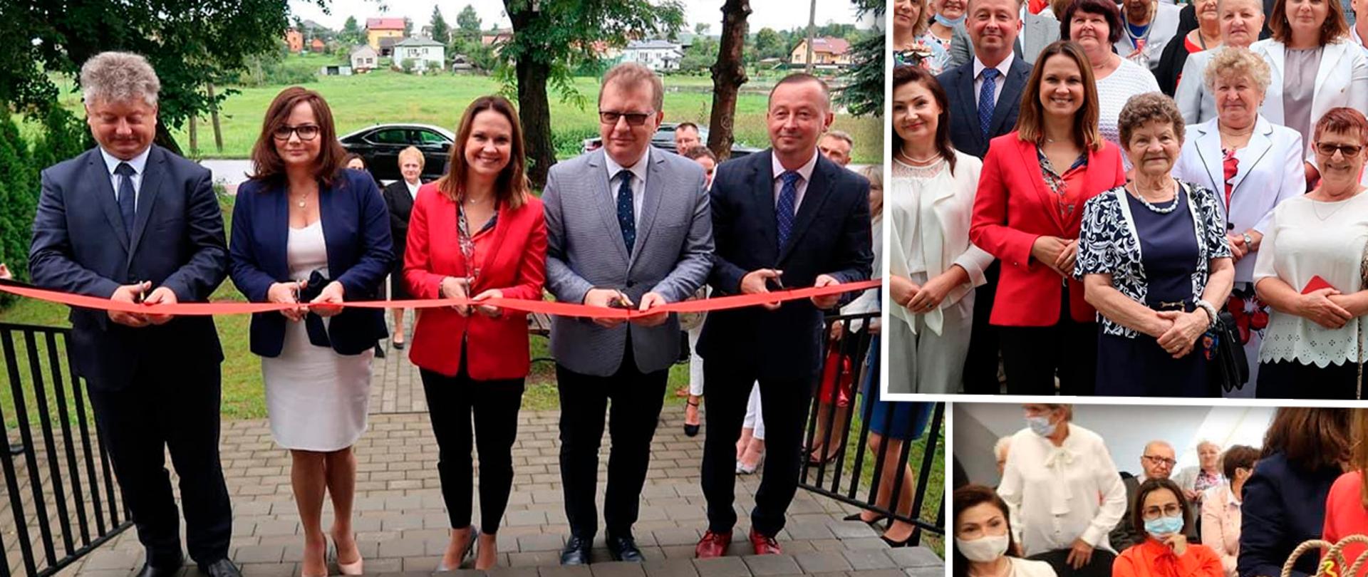 Kolaż zdjęć. Na pierwszym pięć osób, w tym wiceminister Schmidt, przecinają wstęgę. Dwa kolejne, to zdjęcia zbiorowe uczestników spotkania.