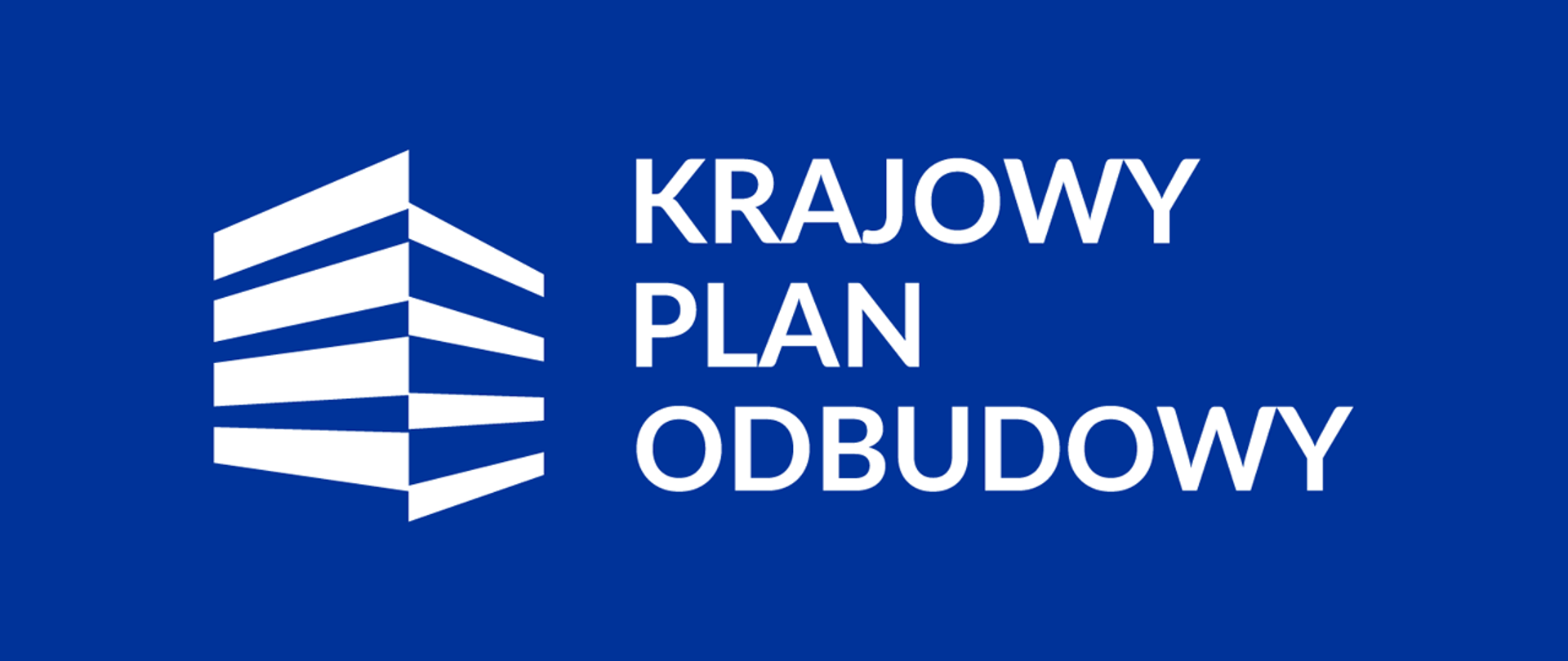 Na niebieskim tle biały napis Krajowy Plan Odbudowy i białe logo programu