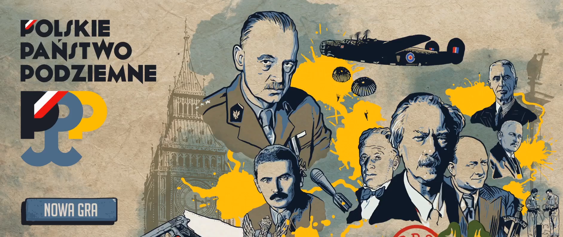 Grafika z aplikacji „Polskie Państwo Podziemne”. Po lewo u góry napis: POLSKIE PAŃSTWO PODZIEMNE. Poniżej przyciski: nowa gra, opcje, wyjdź. Po prawo portrety ważnych dla Polski osób, które wkomponowano w grafikę.