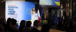 Minister funduszy i polityki regionalnej Katarzyna Pełczyńska-Nałęcz stoi przy mównicy i przemawia do mikrofonu, uczestnicy spotkania siedzą na krzesłach 