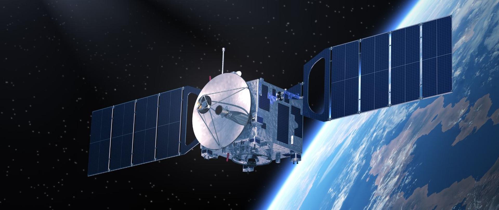 na zdjęciu widnieje sztuczna satelita w przestrzeni kosmicznej.