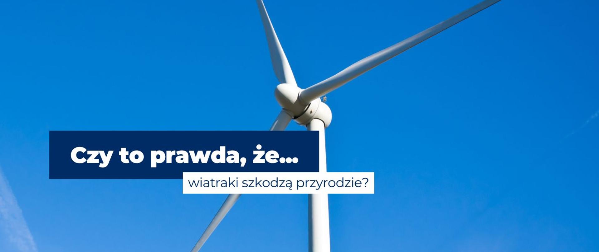 Grafika " Czy to prawda, że wiatraki szkodzą przyrodzie. W tle wiatrak na błękitnym niebie