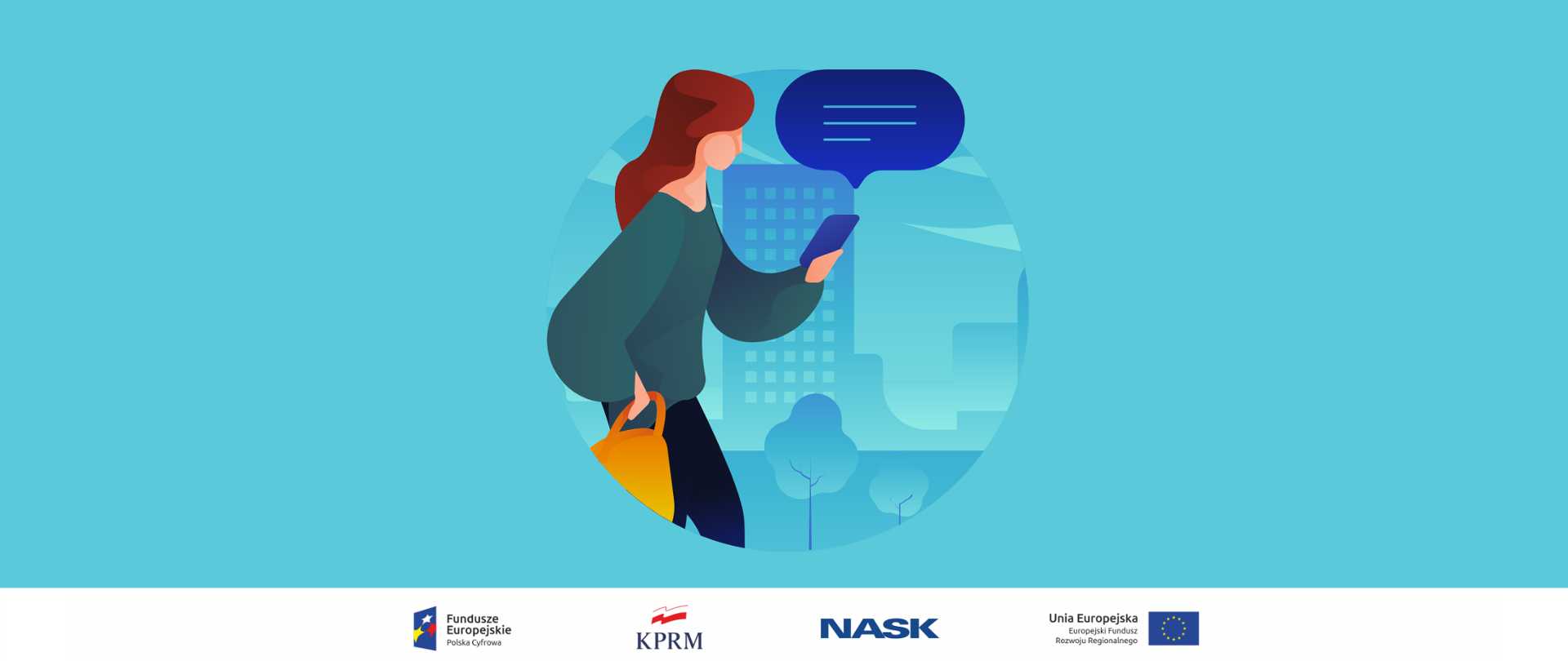 Grafika wektorowa na błękitnym tle. Na środku - w kółku kobieta idąca przez miasto, wysyłająca wiadomość z telefonu komórkowego. Na trzymanym w dłoni telefonem chmurka symbolizująca wiadomość.