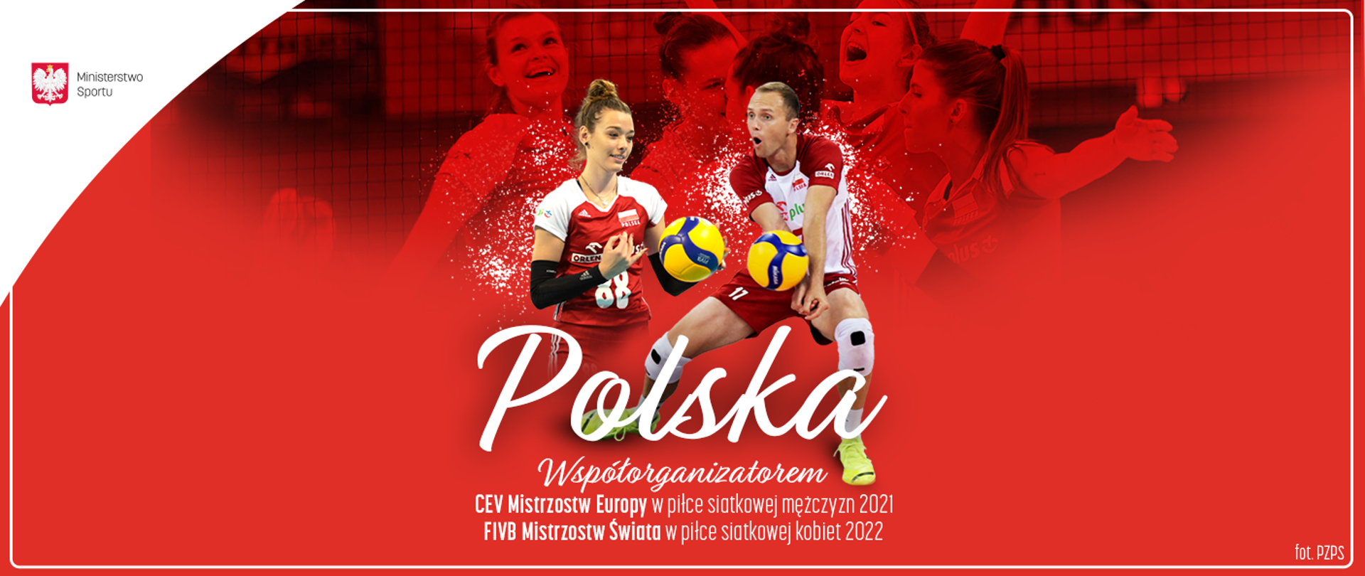 Grafika przedstawiająca reprezentantów Polski w piłce siatkowej. Napis na grafice: Polska współorganizatorem CEV Mistrzostw Europy w piłce siatkowej mężczyzn 2021 oraz FIVB Mistrzostwa Świata w piłce siatkowej kobiet 2022 