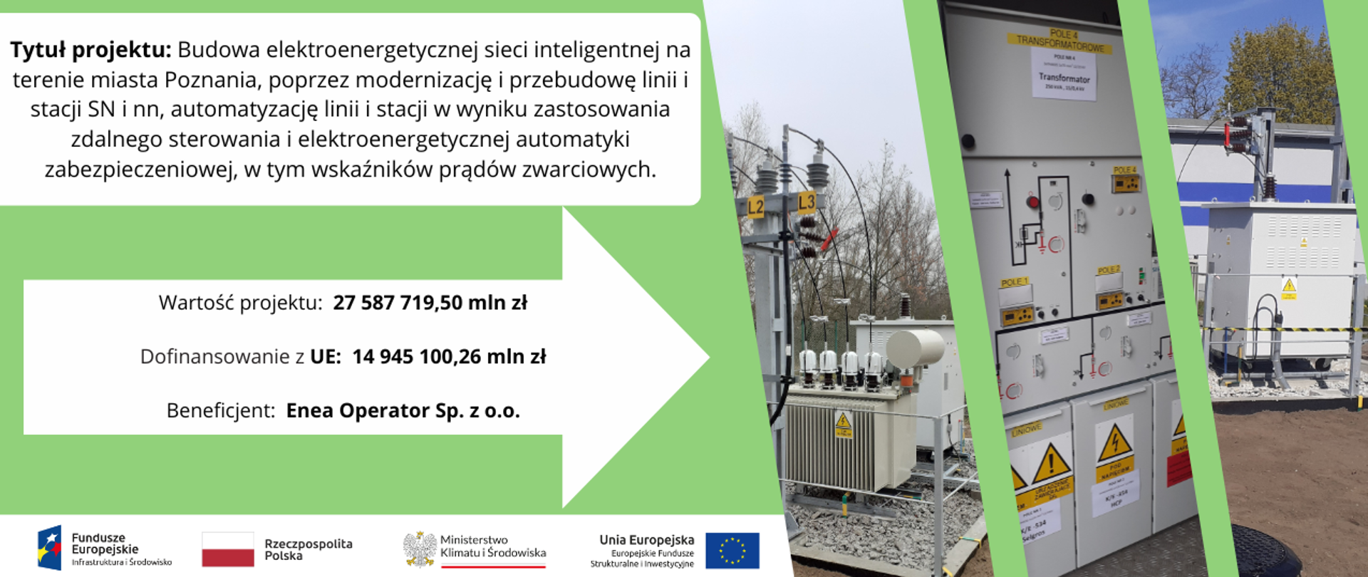 grafika z najważniejszymi informacjami dotyczącymi projektu: tytuł, wartość, dofinansowanie z UE, beneficjent, logotypy, zdjęcia projektu 
