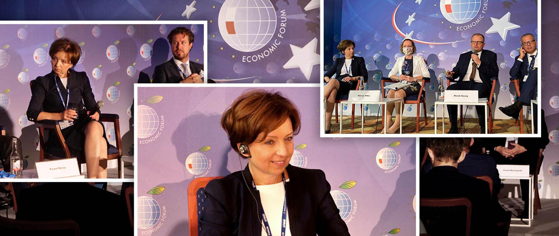 Kolaż zdjęć przedstawiających uczestników Forum. Wyeksponowana sylwetka minister M. Maląg