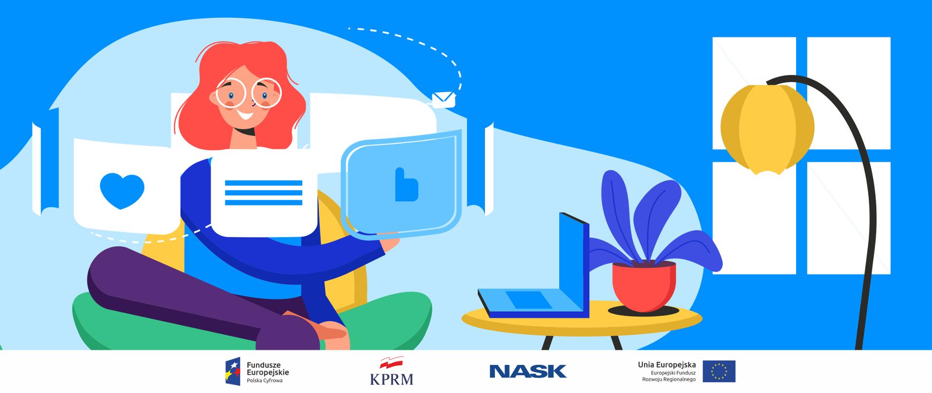 Grafika wektorowa utrzymana w niebiesko-żółto=biało-zielonych kolorach. Kobieta siedzi w pokoju, na fotelu. Obok niej stoli, na którym stoi laptop. Wokół kobiety ikony nawiązujące do mediów społecznościowych.