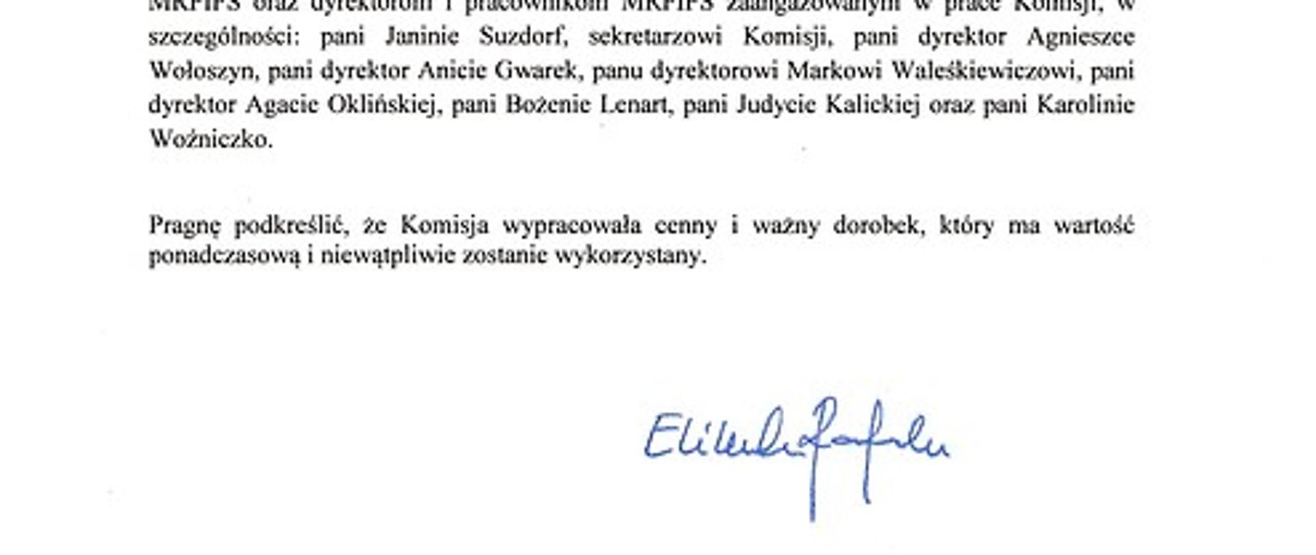 Podziękowania dla członków Komisji Kodyfikacyjnej Prawa Pracy oraz osobom zaangażowanym w jej prace