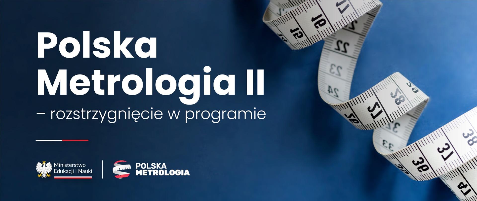 Grafika - na niebieskim tle rozwinięta miarka i napis Polska metrologia II - rozstrzygnięcie w programie.