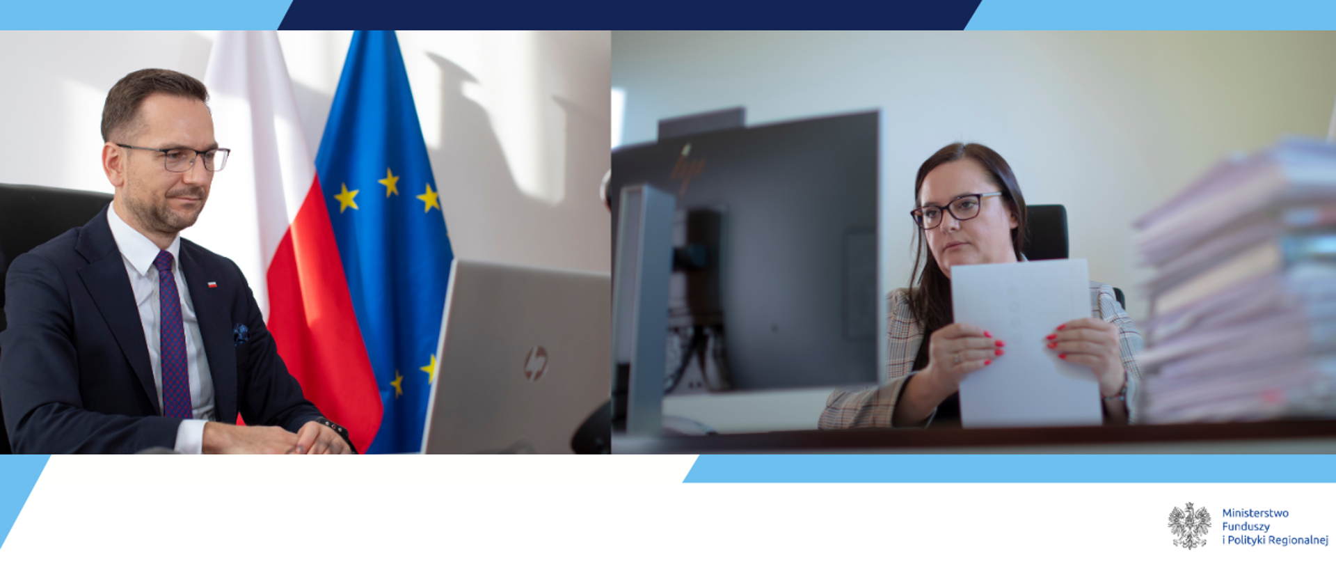 Połączone dwa zdjęcia - z lewej wiceminister Waldemar Buda, obok wiceminister Małgorzata Jarosińska-Jedynak siedzący przed monitorami.