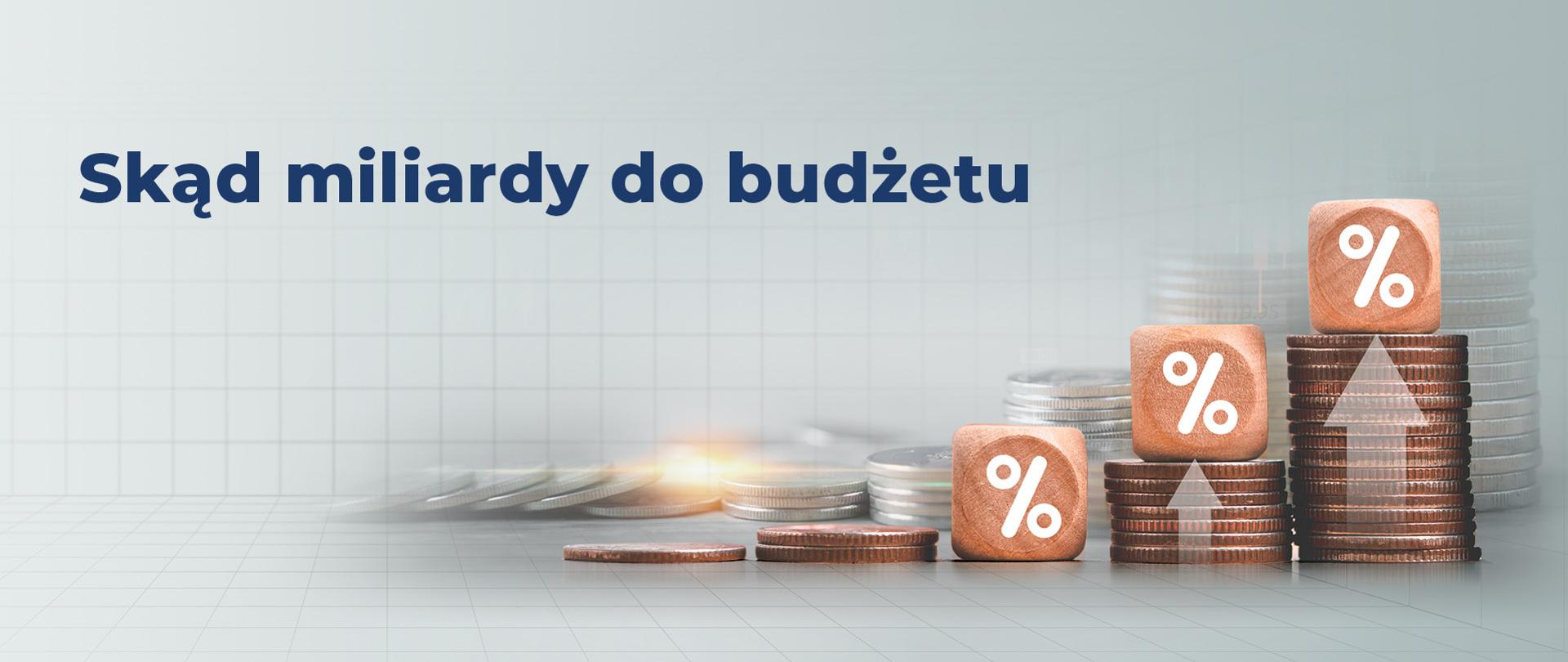 Napis skąd miliardy do budżetu oraz monety i kostki z procentami 