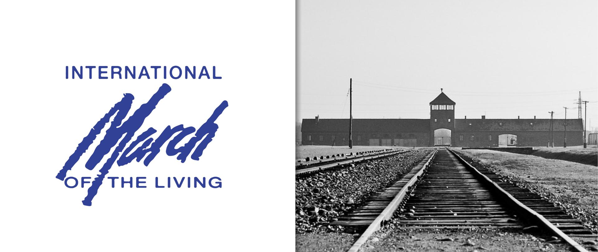 Grafika z logo projektu "Marsz Żywych" po lewej stronie, na białym tle. Po prawej stronie zdjęcie torów prowadzących do widocznego na horyzoncie obozu zagłady Auschwitz-Birkenau.