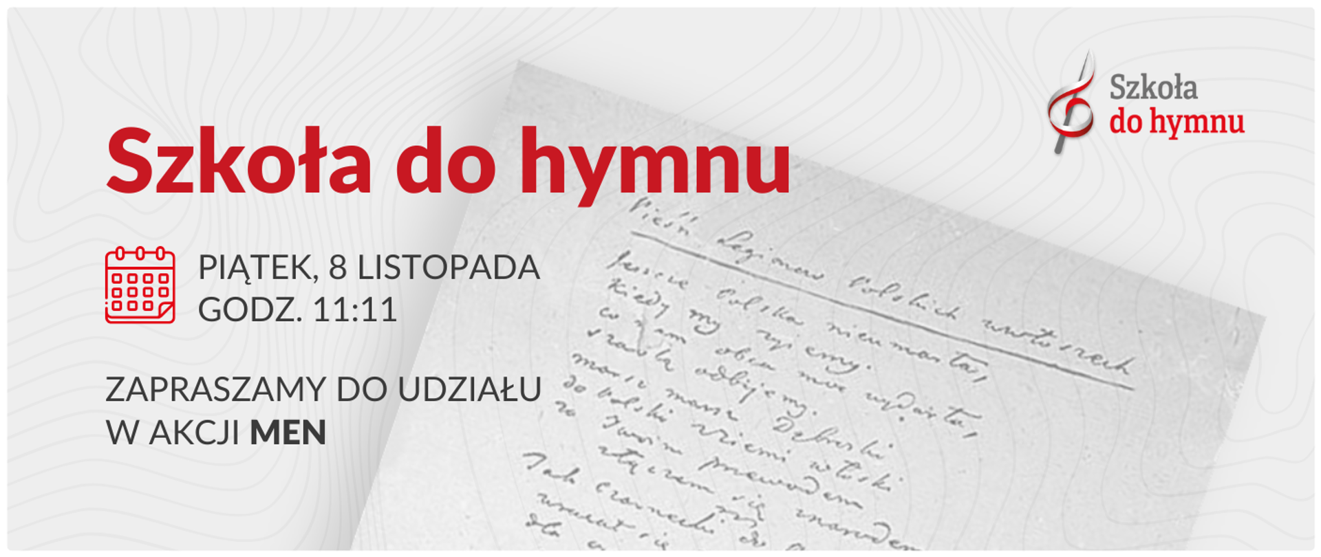 Grafika Szkoła do hymnu w tle fragment odręcznego tekstu hymnu