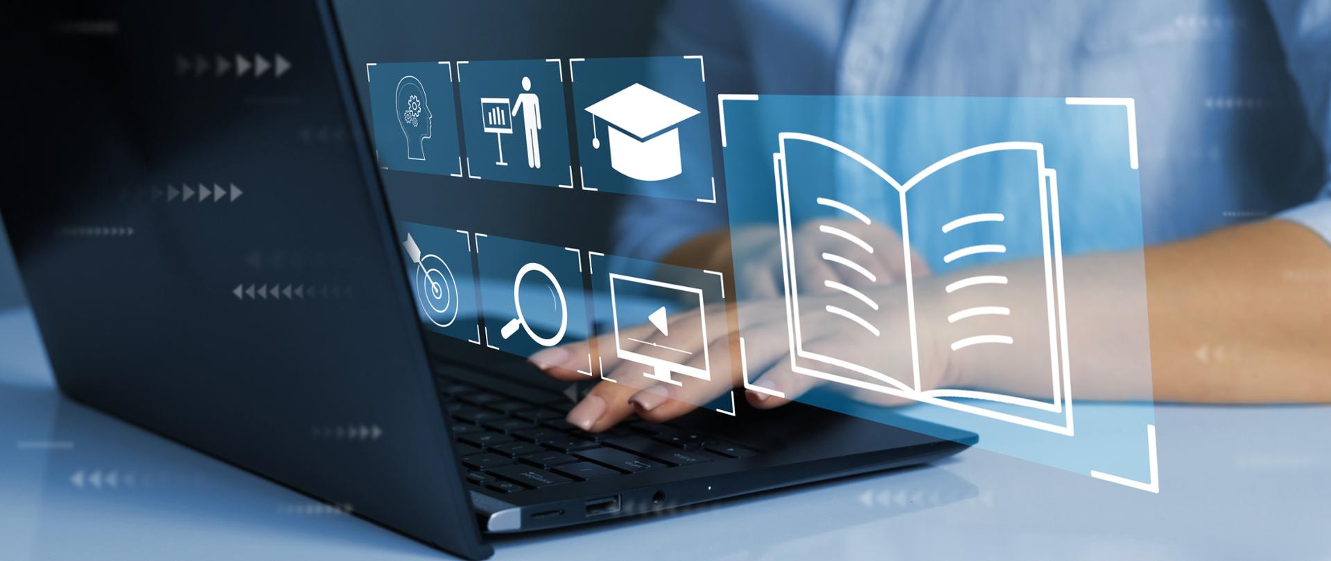 Laptop, męskie dłonie oraz infografiki związane z edukacją 