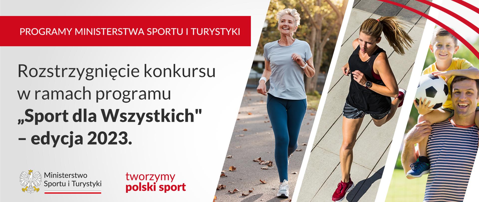 Grafika z aktywnymi fizycznie ludźmi. Napis rozstrzygnięcie konkursu w ramach programu Sport dla Wszystkich - edycja 2023