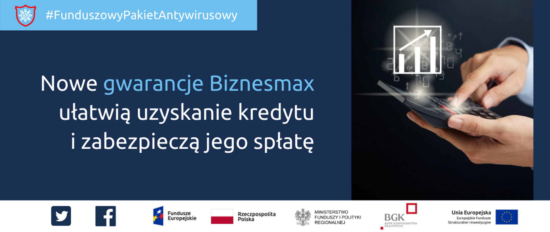 Po lewej napis Funduszowy Pakiet Antywirusowy: Nowe gwarancje Biznesmax ułatwią uzyskanie kredytu i zabezpieczą jego spłatę. Po prawej zdjęcie dłoni liczącej na kalkulatorze. Na dole ikonki Facebooka oraz Twittera, logotypy Funduszy Europejskich i Ministerstwa Funduszy i Polityki Regionalnej, flaga Polski oraz Banku Gospodarstwa Krajowego.