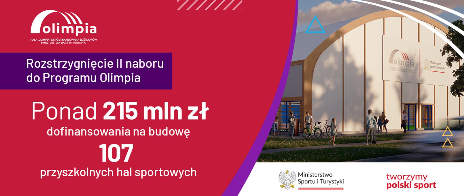 Grafika jest podzielna na dwie części. Lewa storna jest czerwona i w górnym rogu znajduje się logo składające się z trzech białych łuków, pod którymi jest napis olimpia i jeszcze niżej zdanie: Hala „olimpia” współfinansowana ze środków Ministerstwa Sportu i Turystyki. Pod tym logotypem znajduje się fioletowa prostokątna ramka z białym napisem: Rozstrzygnięcie 2 naboru do Programu Olimpia, a pod ramką duży biały napis Ponad 215 miliony złotych dofinasowania na budowę 107 przyszkolnych hal sportowych. Po prawej stornie znajduje się wizualizacji frontu białej hali z półokrągłym dachem. I przeszkolonymi drzwiami. Na dole grafiki znajduje się logotyp Ministerstwa Sportu i Turystyki z białym orłem i hasłem: tworzymy polski sport.
