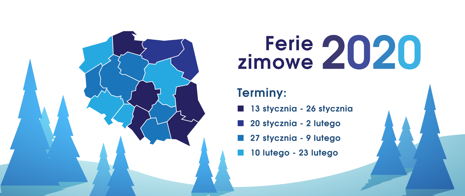 Grafika z terminami ferii zimowych w 2020 r.